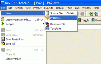 Dev-C++ new project menu